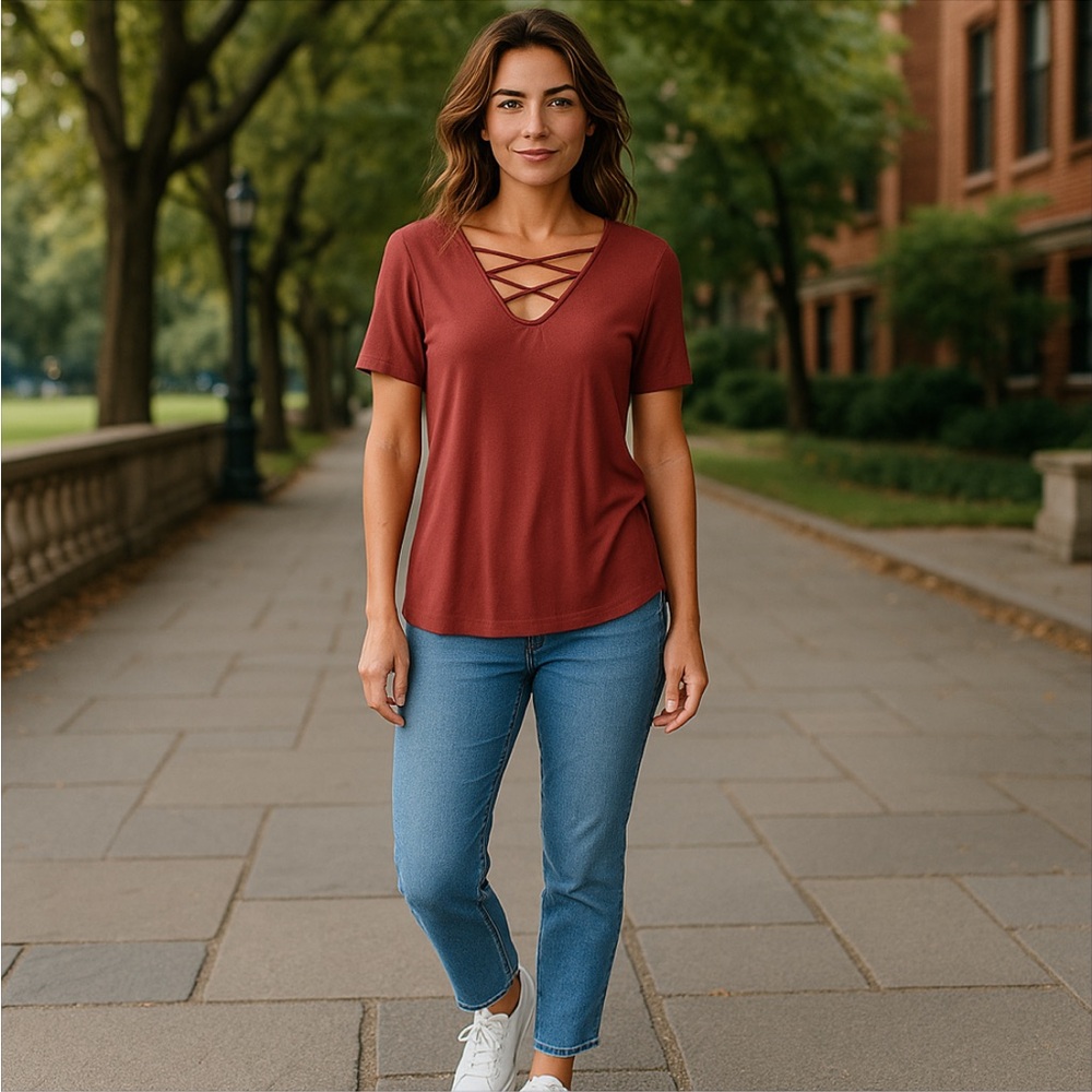 MAURICES Women's Burgundy Top with Crisscross Detail Size L